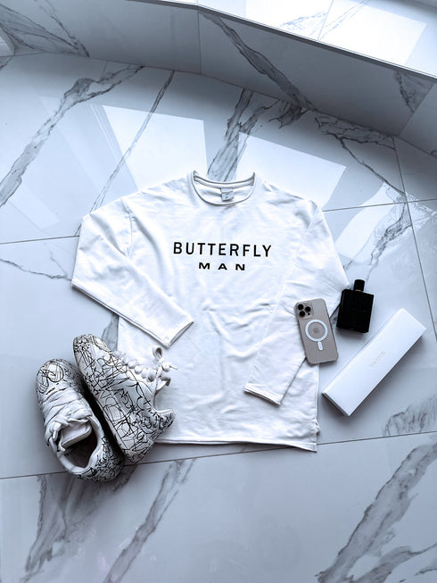 BUTTERFLY MAN, medvilninis plonas megztinis - BALTAS