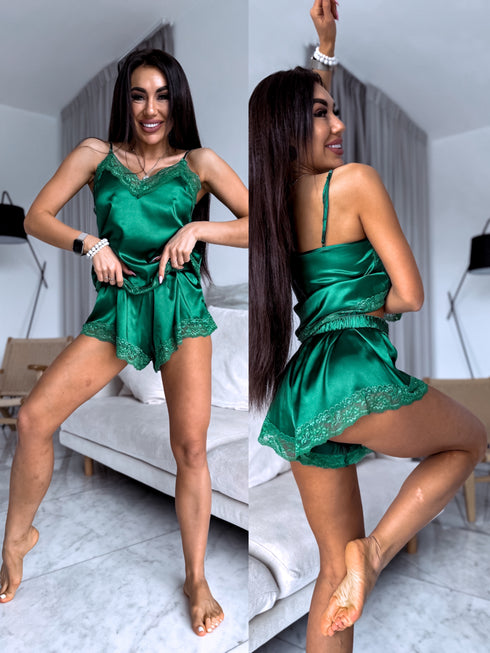 Зеленый атласный ночной комплект - топ + шорты