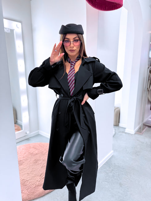 "PARIS CHIC 8017" long trench coat - BLACK