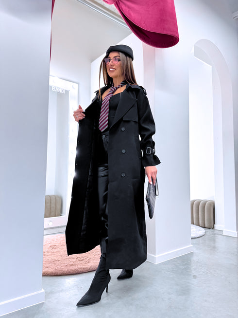 "PARIS CHIC 8017" long trench coat - BLACK