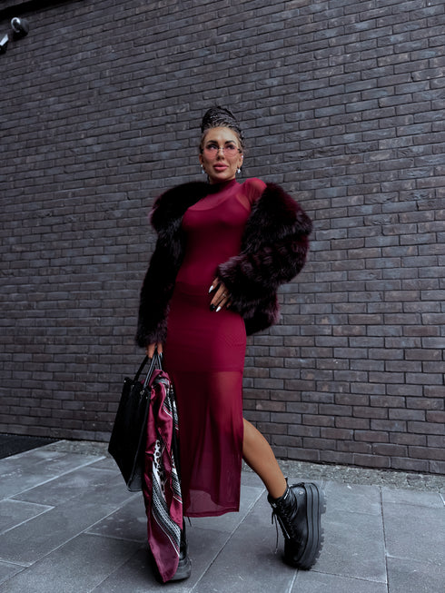 Artificial fur coat "TRANSITION G6079" - burgundy