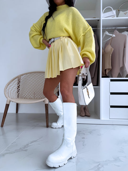 Юбка-шорты с складками + двойной пояс J72 - СВЕТЛО-ЖЕЛТЫЕ