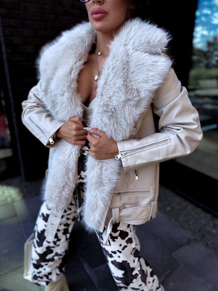 Light beige jacket with beige fur trim "LUX FUR" CV2125 PRE-ORDER