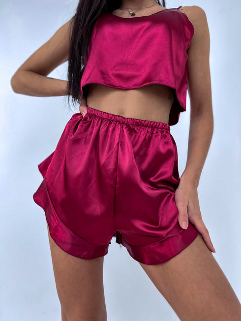 Burgundy Night Set 115 - Shorts + Crop Top