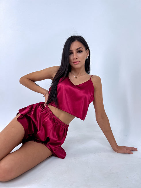 Burgundy Night Set 115 - Shorts + Crop Top