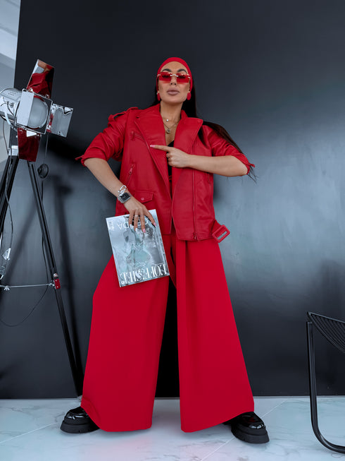 Oversize, faux leather jacket with belt PU28 - red