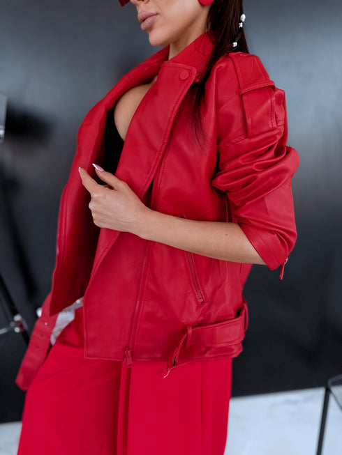 Oversize, faux leather jacket with belt PU28 - red