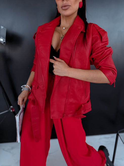 Oversize, faux leather jacket with belt PU28 - red