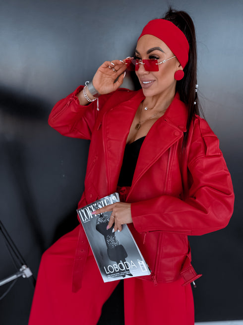 Oversize, faux leather jacket with belt PU28 - red