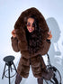 Warm, long coat with fur front + belt - CHOCOLATE BROWN