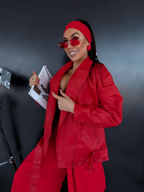 Oversize, faux leather jacket with belt PU28 - red
