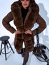 Warm, long coat with fur front + belt - CHOCOLATE BROWN