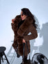 Warm, long coat with fur front + belt - CHOCOLATE BROWN