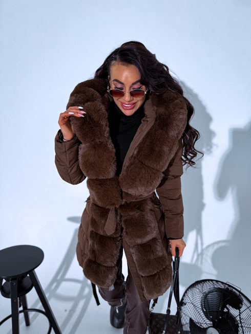 Warm, long coat with fur front + belt - CHOCOLATE BROWN