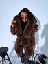 Warm, long coat with fur front + belt - CHOCOLATE BROWN