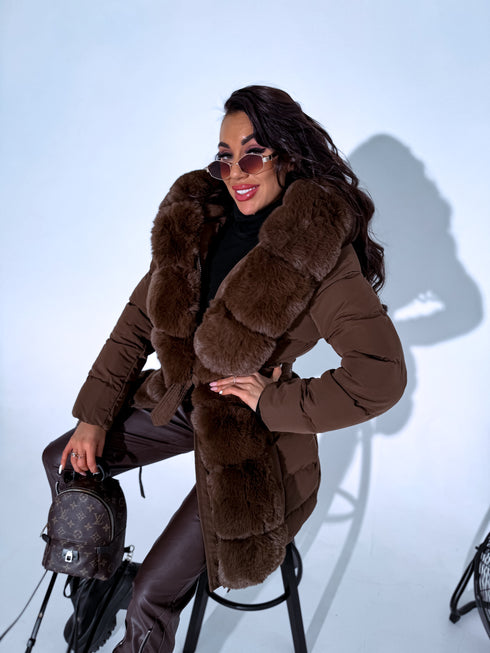 Warm, long coat with fur front + belt - CHOCOLATE BROWN