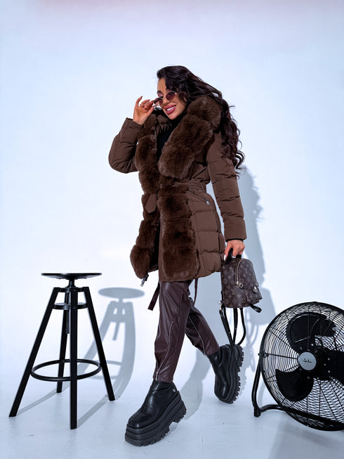 Warm, long coat with fur front + belt - CHOCOLATE BROWN