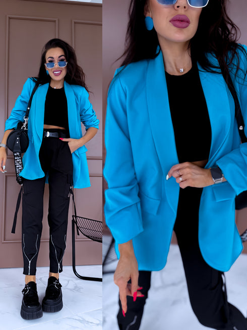 Koši zila, ONE SIZE švarkas su surauktomis rankovėmis