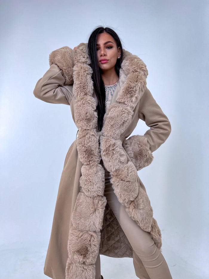 Coat with sewn-in fur squares - caramel brown