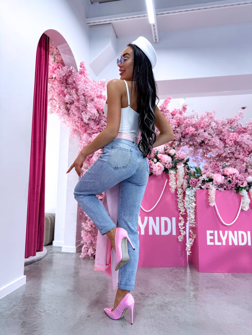 Džinsai su diržu "ALMOND & NUTS" HM339-1 - ŠVIESIAI MĖLYNA
