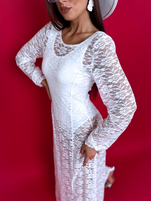 Long, floral pattern mesh dress + bodysuit R4676 - WHITE