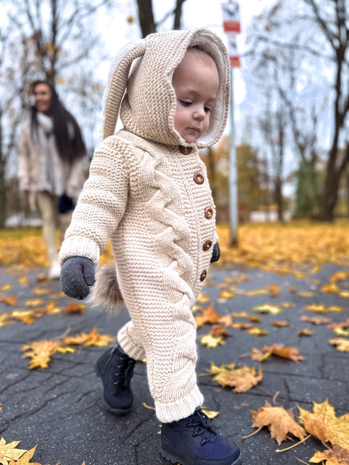 Adīts, vilnas kombinezons bērniem "ZAĶIS" - bēšs