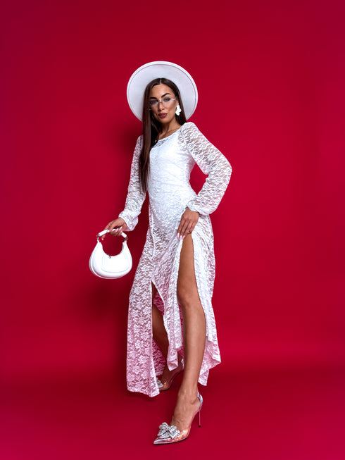 Long, floral pattern mesh dress + bodysuit R4676 - WHITE