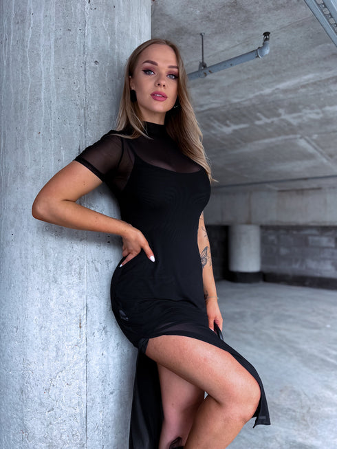 2in1 net dress + petticoat - BLACK