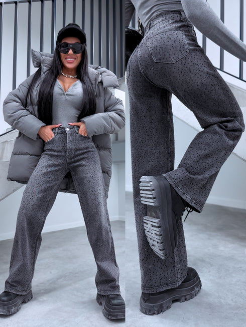 LUX džinsa bikses ar kristāliem "FULL MOON" T6003-7 - GRAFĪTA