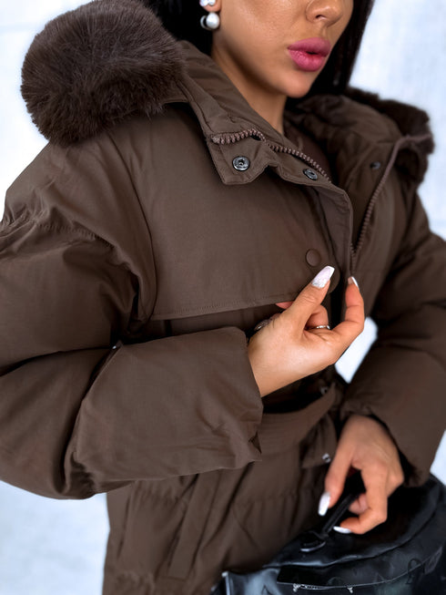 Классическая, длинная зимняя куртка с поясом - шоколадно-коричневая ПРЕДЗАКАЗ