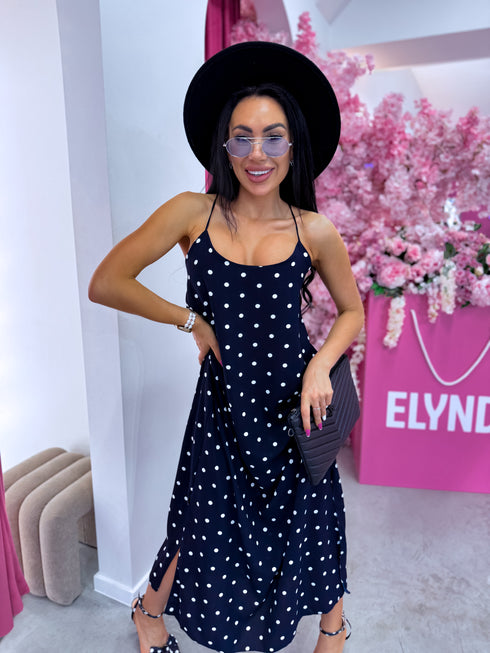 DOTTED "LĪGO" dress with crossed straps - navy blue PRE-ORDER