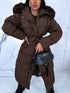 Классическая, длинная зимняя куртка с поясом - шоколадно-коричневая ПРЕДЗАКАЗ