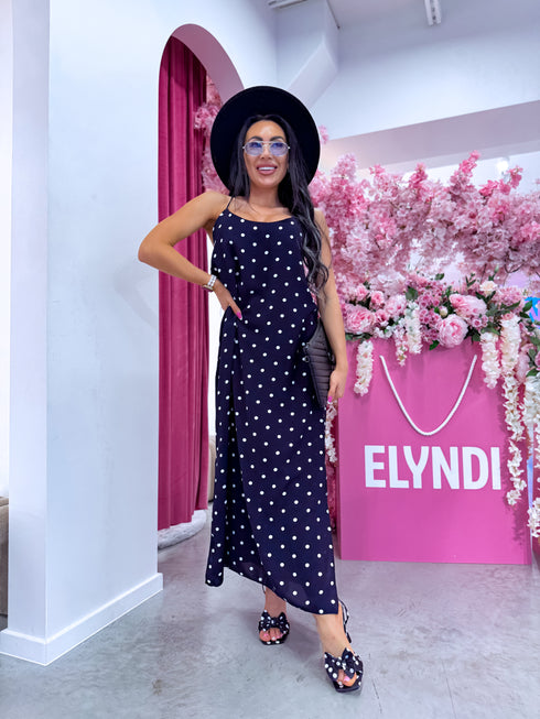 DOTTED "LĪGO" dress with crossed straps - navy blue PRE-ORDER