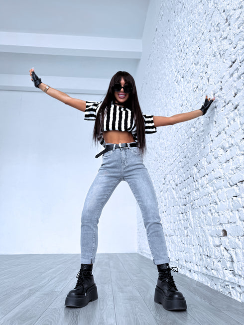 Серые джинсы MOM FIT ХМ306-6 "SMOKE"