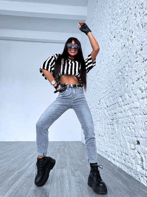 Серые джинсы MOM FIT ХМ306-6 "SMOKE"