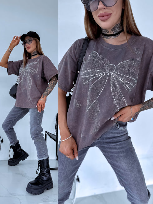 GRAY-BROWN, ONE SIZE extended T-shirt "CRYSTAL BOW"