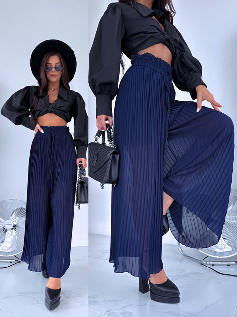 Gofrētas auduma bikses - TUMŠI ZILAS