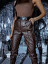 Choco imitation leather pants with zippers at the ends