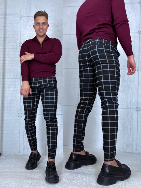 Vīriešu bikses ar smalko rūtojumu - melnas ar baltu 65-3