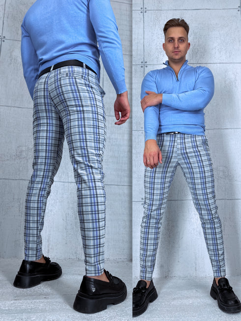 Men's checkered pants - gray with blue lines 17-2