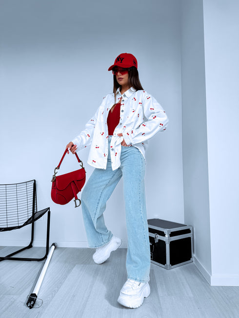 Džinsinis marškiniai "CHERRY MOOD" TR0857 - BALTI