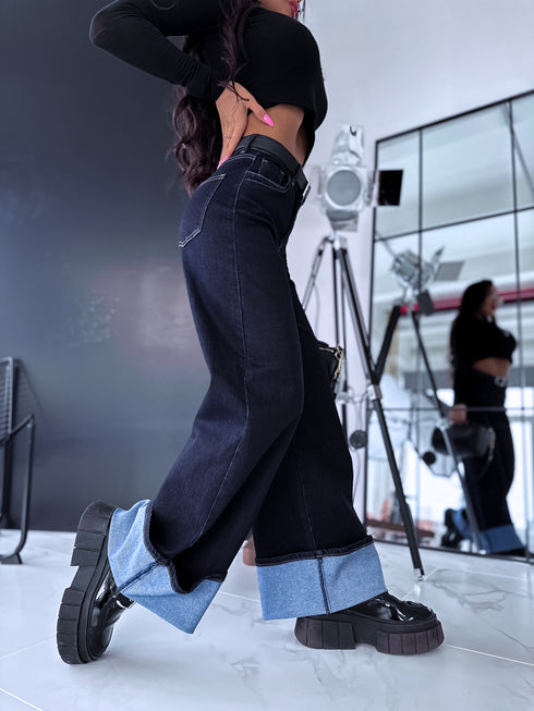 "PALAZZO JEANS 8542" džinsa bikses atlocītiem galiem - TUMŠI ZILAS