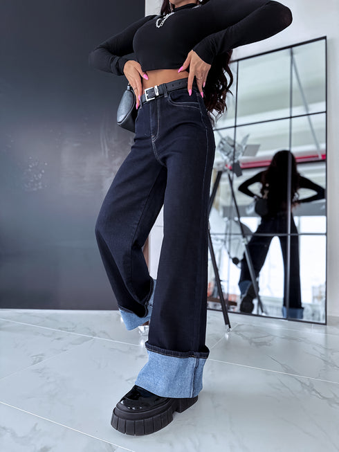 "PALAZZO JEANS 8542" džinsa bikses atlocītiem galiem - TUMŠI ZILAS