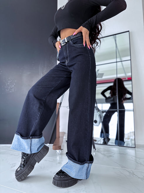 "PALAZZO JEANS 8542" džinsa bikses atlocītiem galiem - TUMŠI ZILAS