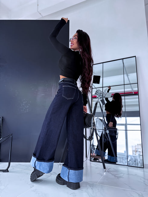 "PALAZZO JEANS 8542" džinsa bikses atlocītiem galiem - TUMŠI ZILAS