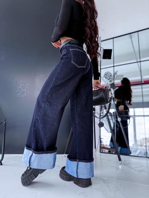 "PALAZZO JEANS 8542" džinsa bikses atlocītiem galiem - TUMŠI ZILAS