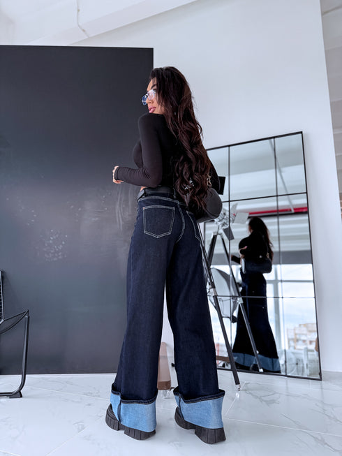 "PALAZZO JEANS 8542" džinsa bikses atlocītiem galiem - TUMŠI ZILAS