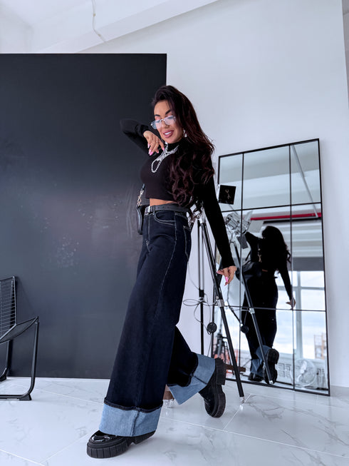 "PALAZZO JEANS 8542" džinsa bikses atlocītiem galiem - TUMŠI ZILAS