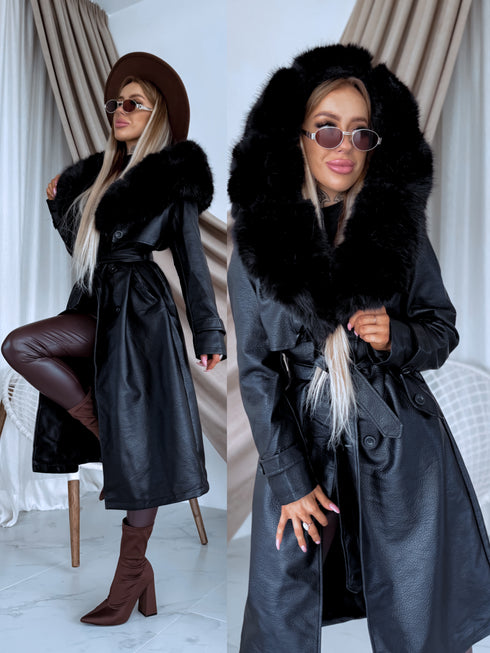 "PUDDING CV2184" Faux Leather Trench – Black