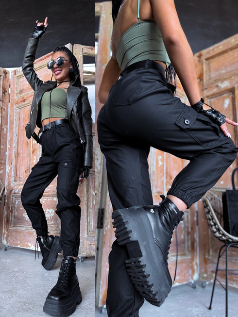 "CARGO DAY" ādas imitācijas bikses C9259-1 - MELNAS